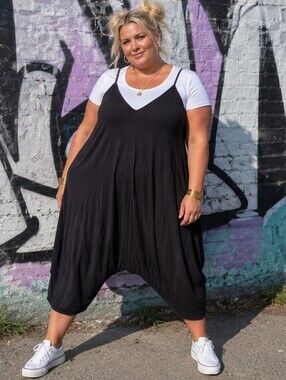 Emerald One Size: Black Harem-Style Jumpsuit with Spaghetti Straps